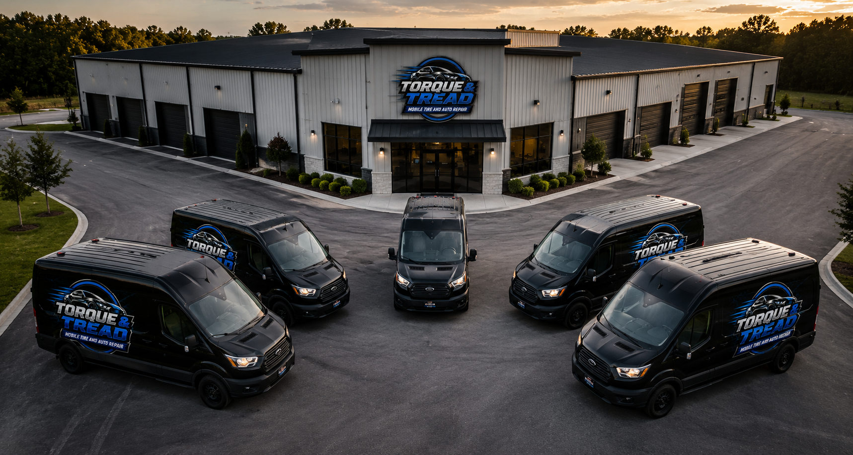 Torque & Tread fleet of mobile service vans and warehouse at sunset