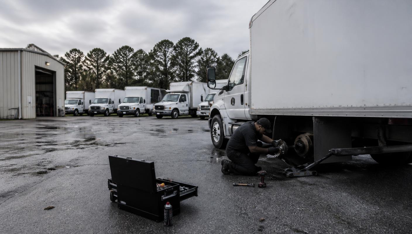 Mobile technician servicing a commercial box truck at a fleet yard