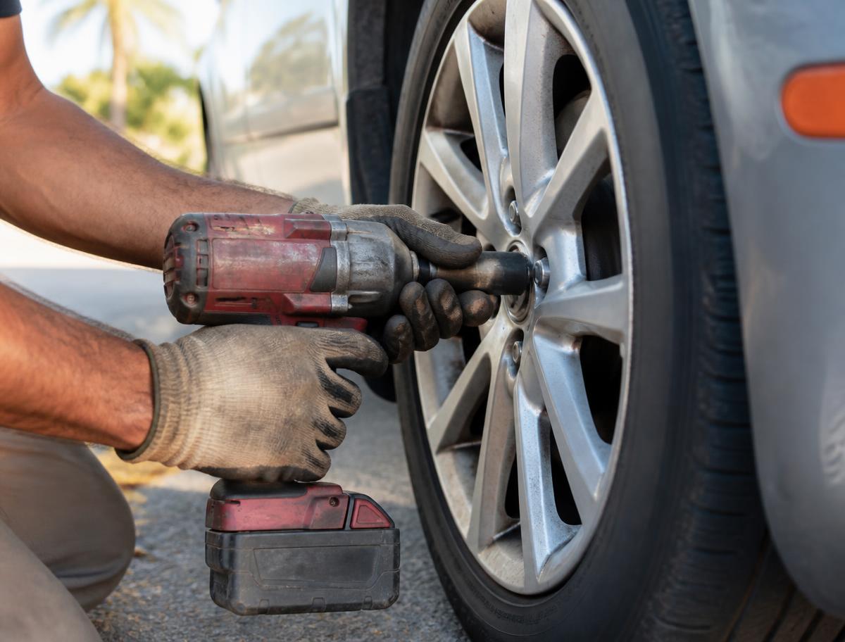 Technician torquing a wheel during a mobile tire service call